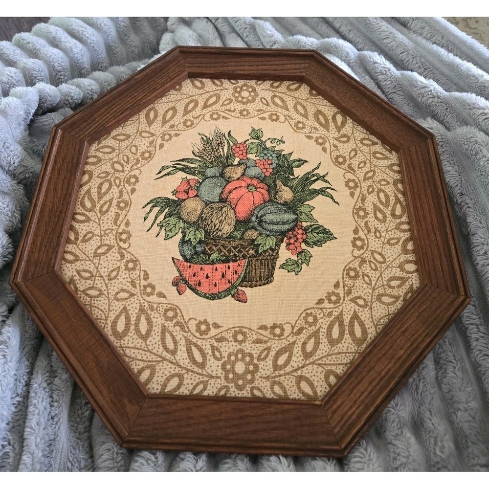 Vintage Kay Dee Hand Prints Linen Fruit Basket Octagon Wood Framed WallArt 16.5"